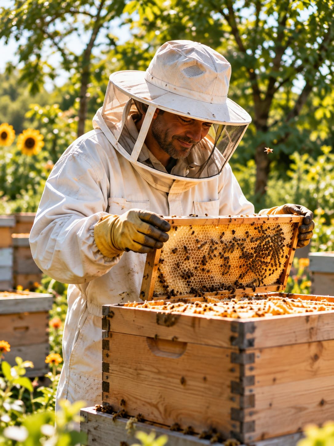 A beekeeper lifting a honeycomb frame from a hive