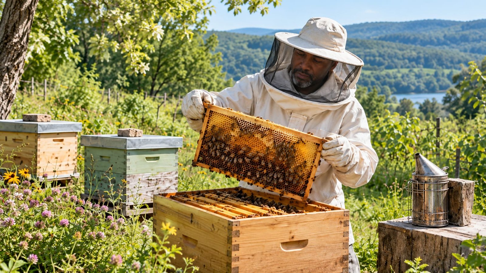 Jars of honey beside a hive frame on a sunny bench