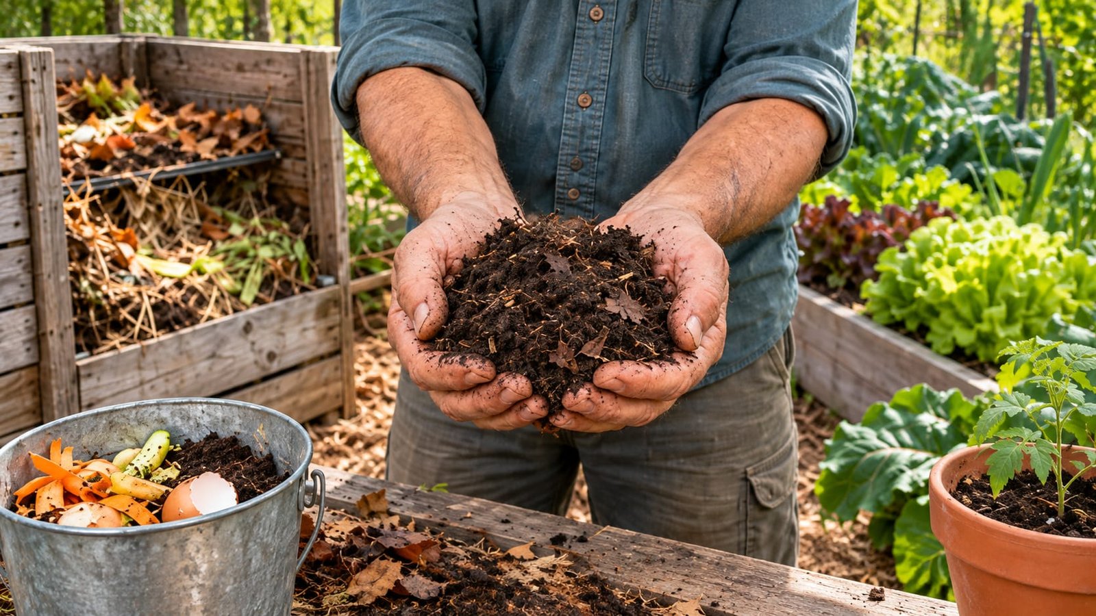 Hands turning rich homemade compost