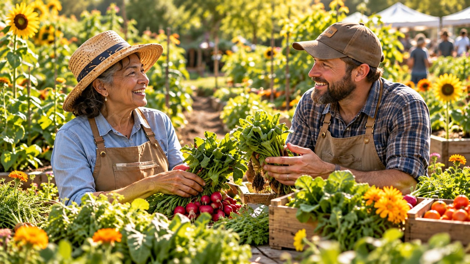 Two gardeners chatting over fresh vegetables