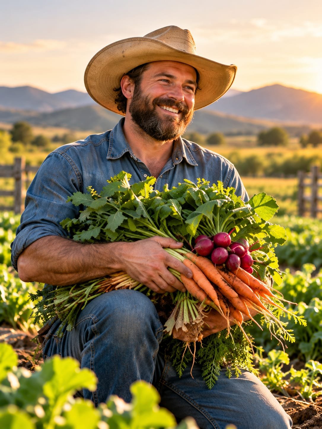 A farmer holding a freshly pulled bunch of carrots and beets