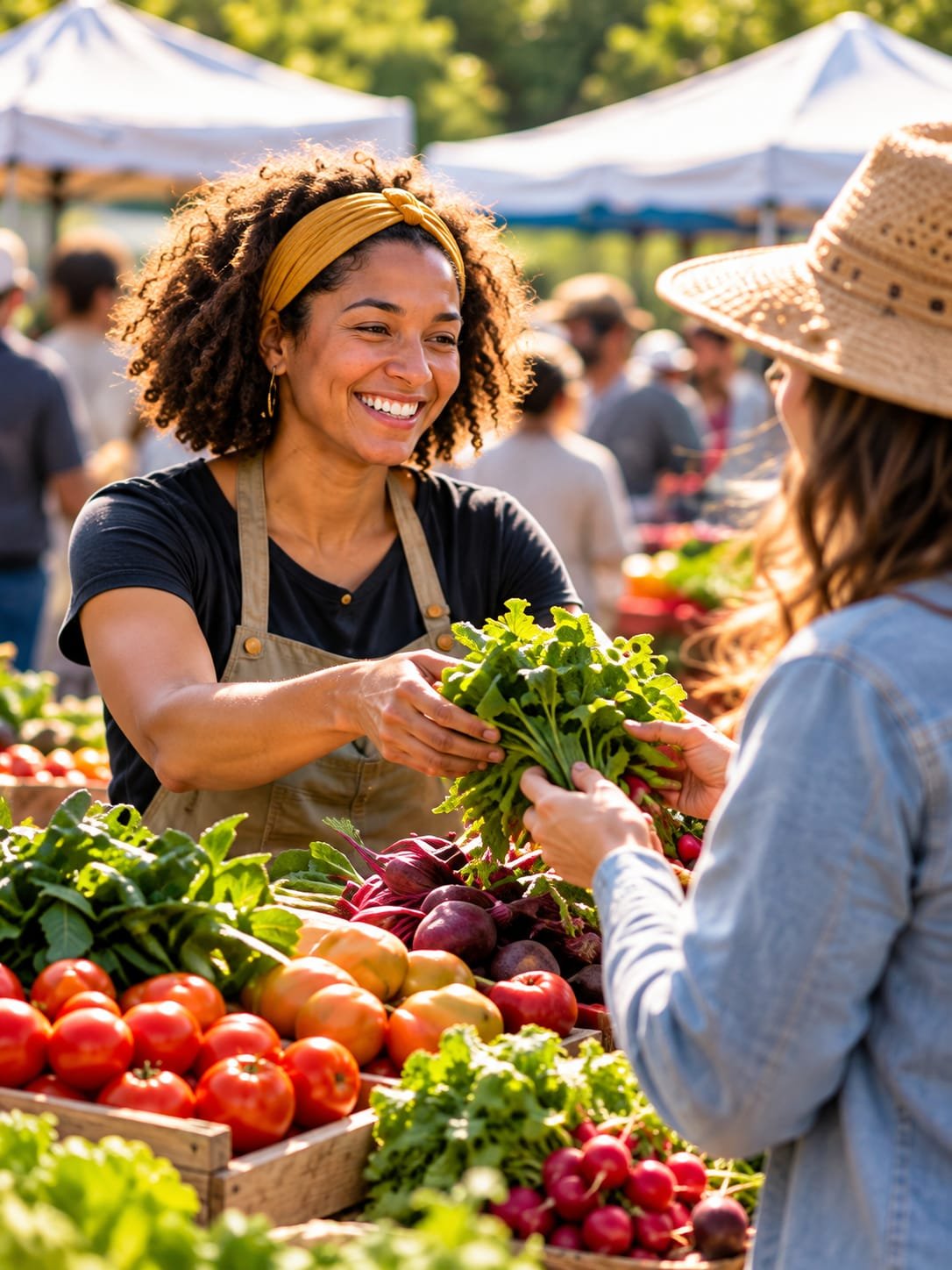 A food producer handing greens to a customer at a market stall