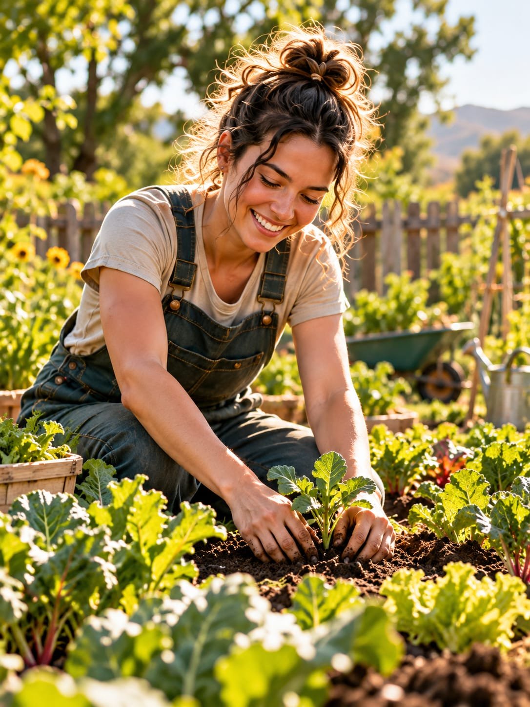 A gardener planting seedlings in a sunny vegetable bed