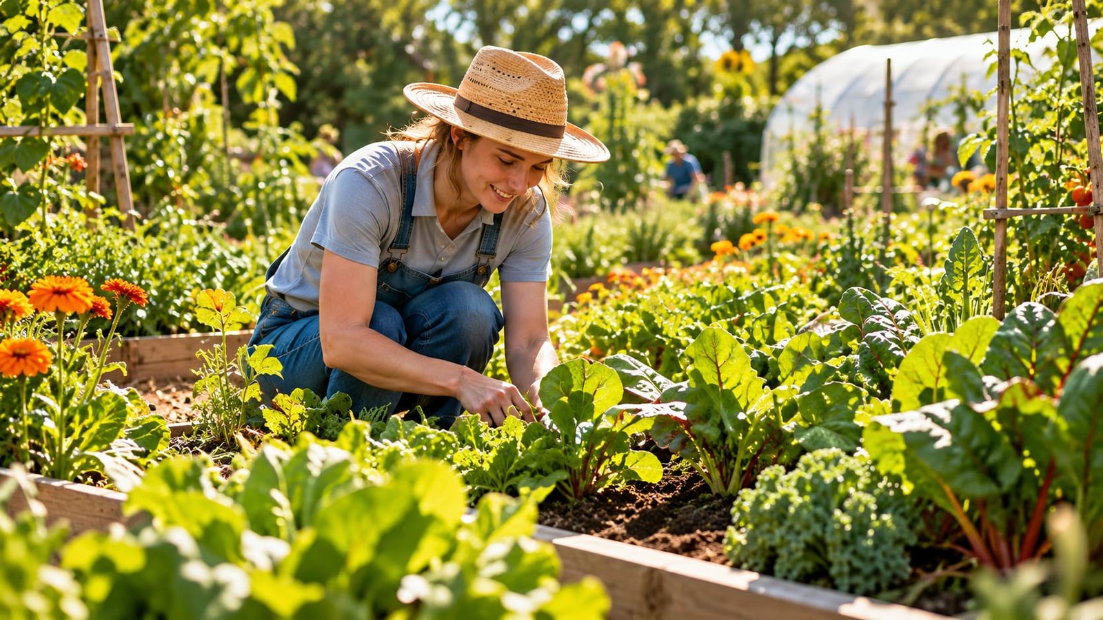 A gardener tending vegetables in a sunny raised bed
