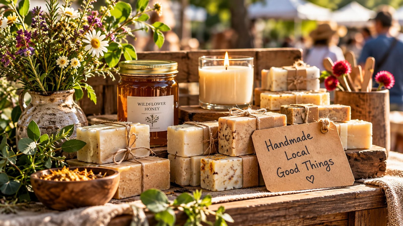 Handmade candles and soaps on a market table