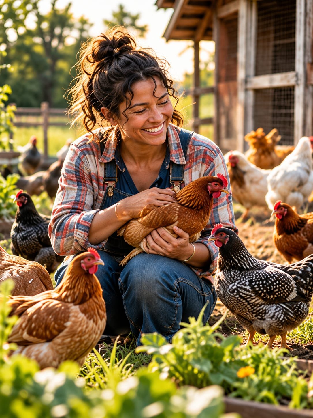 A homesteader holding a hen beside her flock