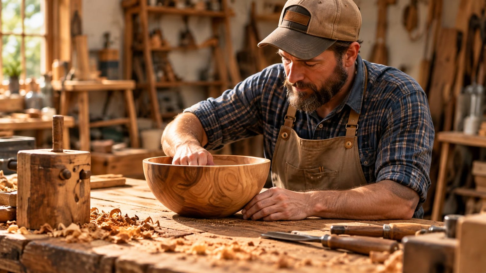 A maker shaping a wooden bowl in his workshop