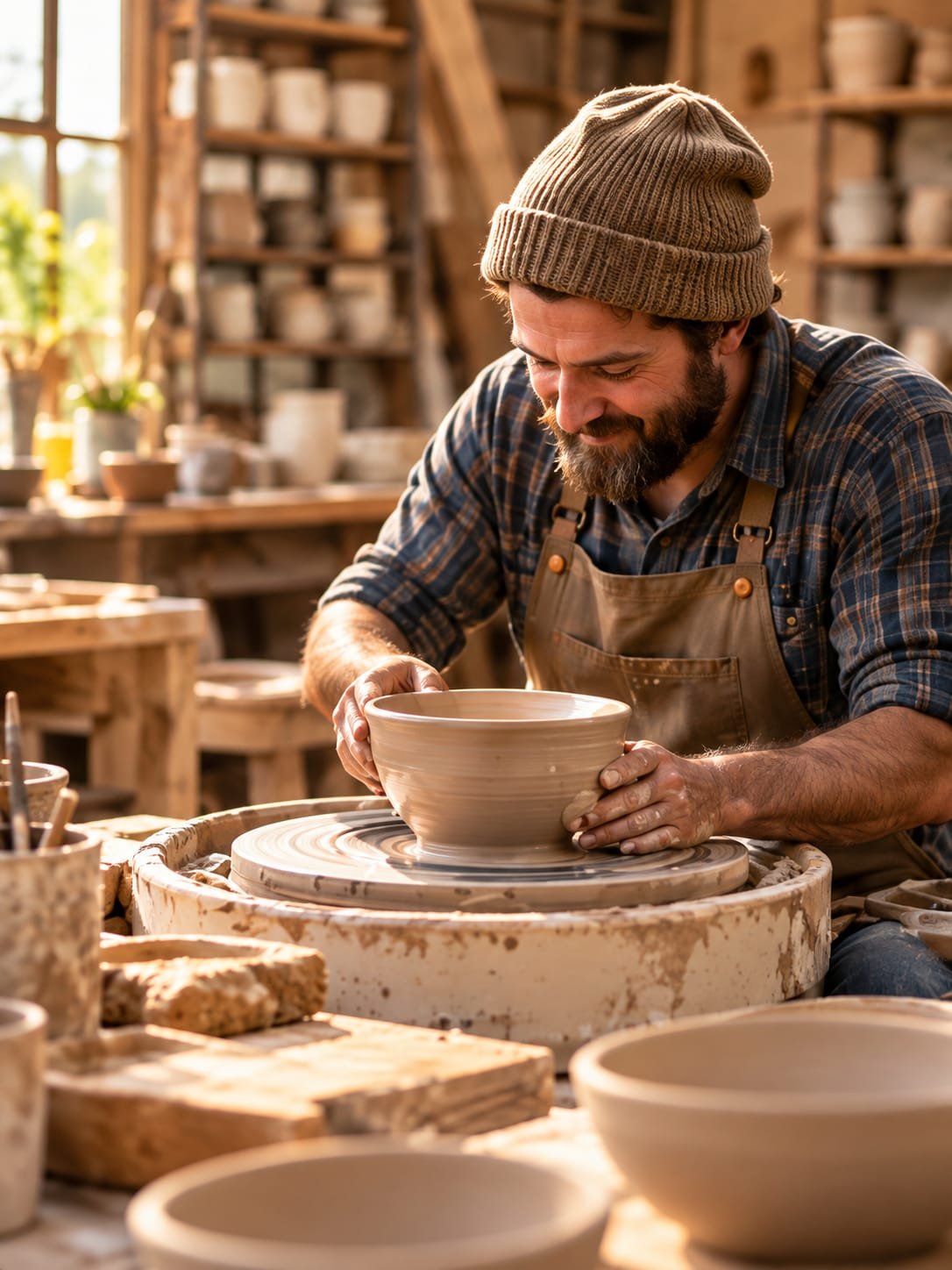 A potter shaping a bowl on the wheel in his workshop