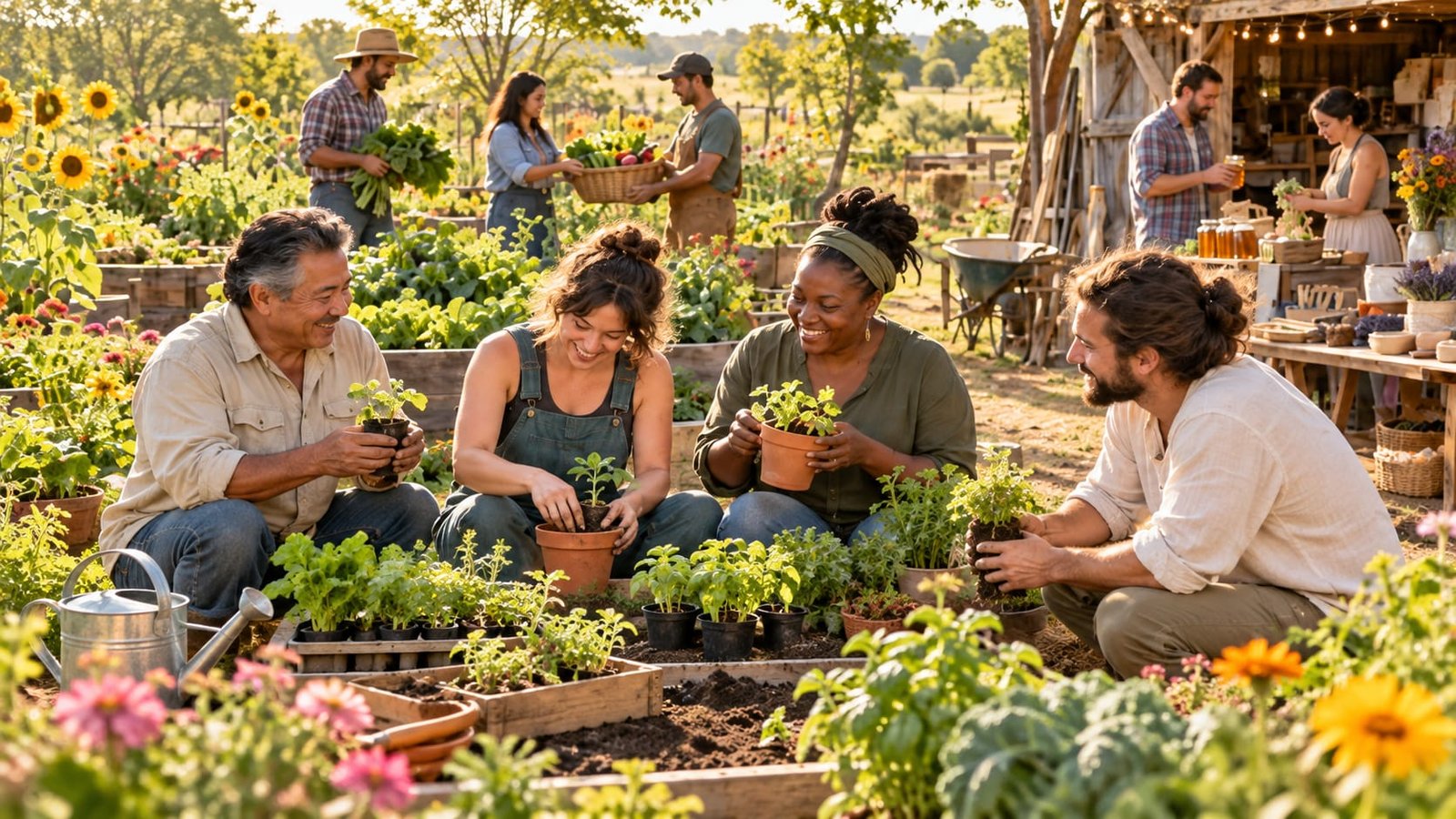 Neighbours working side by side in a shared community garden