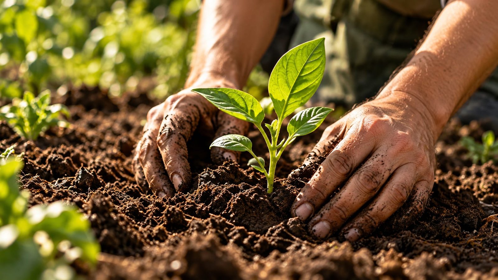 Hands pressing a seedling into rich soil