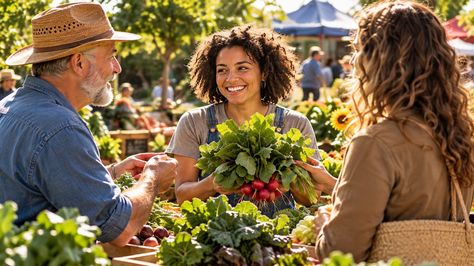 Neighbours sharing fresh greens at a farmers market