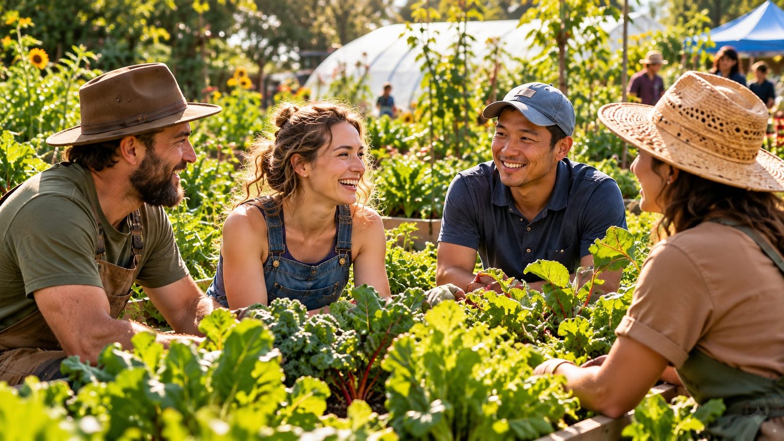 Neighbours laughing together over fresh vegetables in a community garden